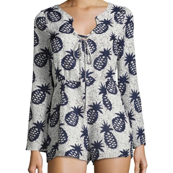 Lucca Pineapple Long Minimal Bell Sleeve Tie Neck Short Romper Size Large - Picture 8 of 10